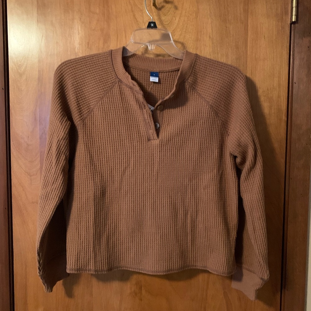 Brown Waffle Knit Henley Sweater